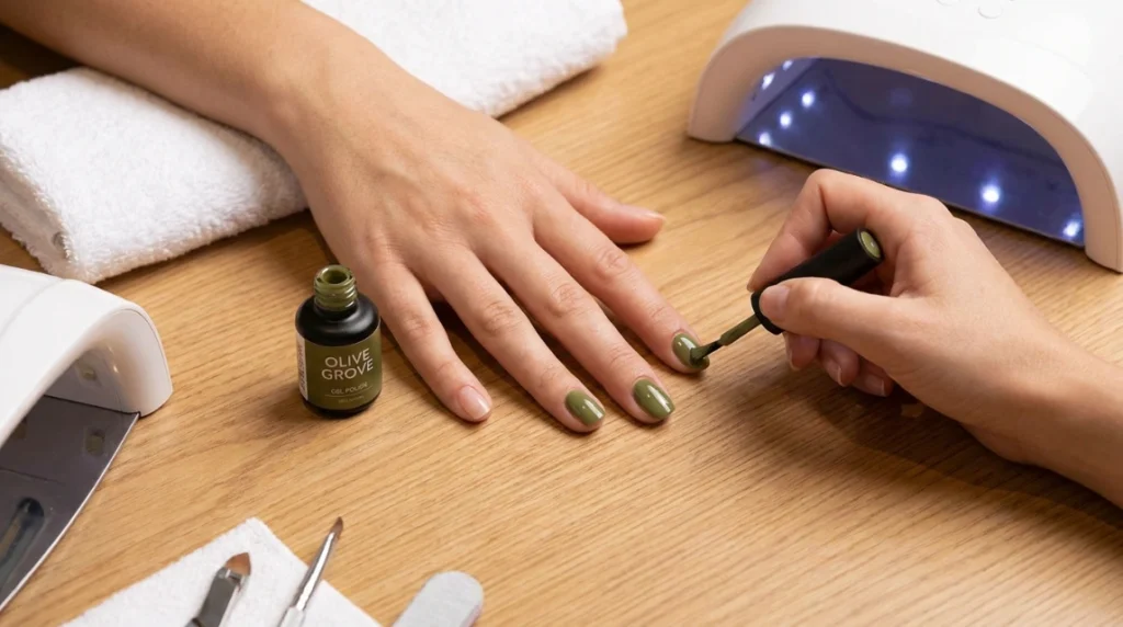 Two thin coats of olive gel form the base before the chrome layer goes on.