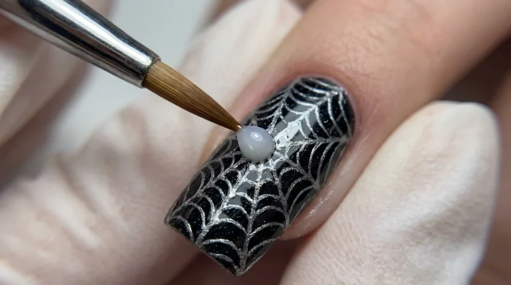 applying blooming gel dot over web pattern for red spiderweb nails