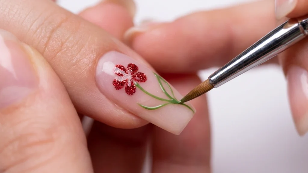 red floral glitter nail art - painting a green leaf detail