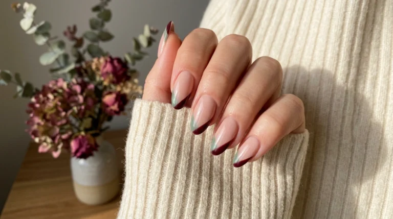Sage green and burgundy nails with a two-tone diagonal French tip design