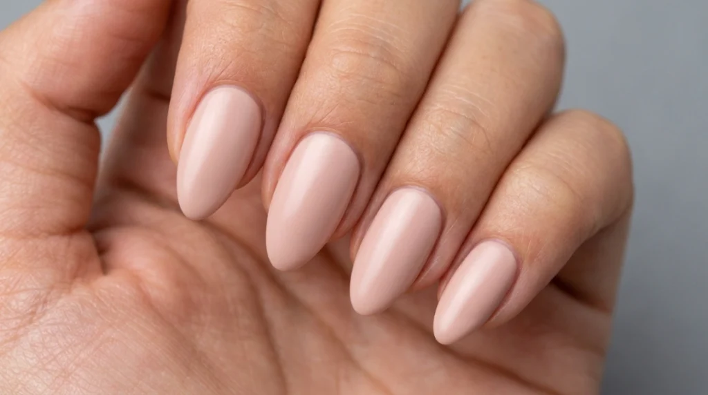 Nude base coat applied before sage green and burgundy nail design