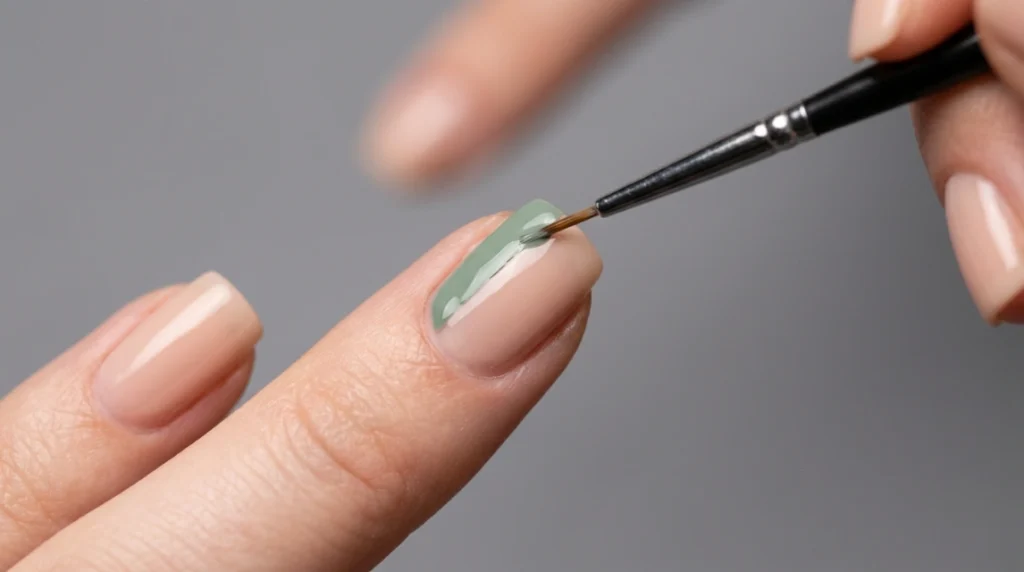 Sage green polish painted in a diagonal line on nail tip