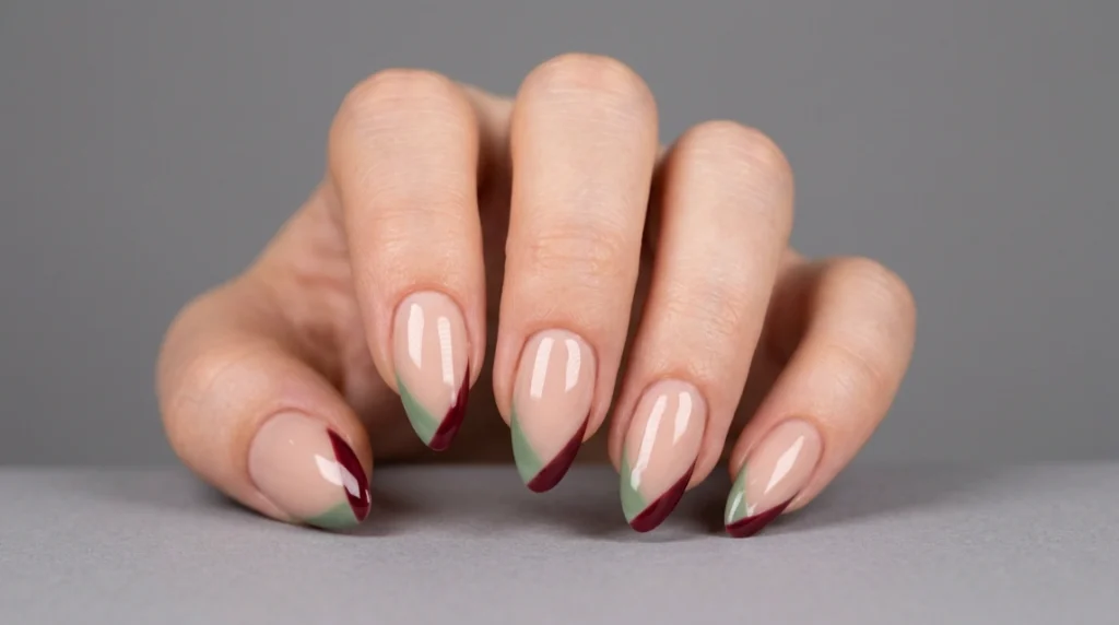 Finished sage green and burgundy two-tone nail design