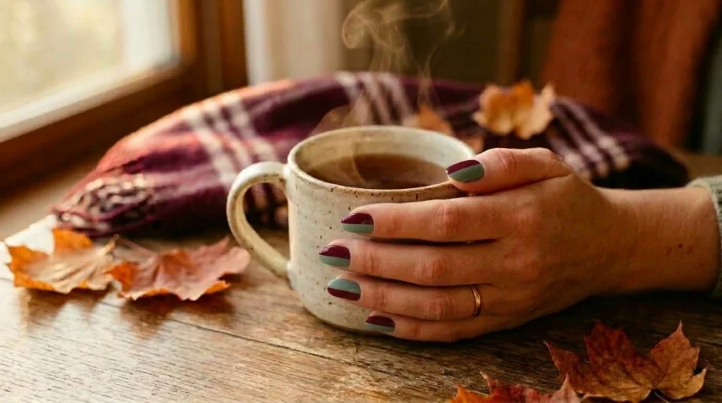 Sage green and burgundy nails styled with fall accessories