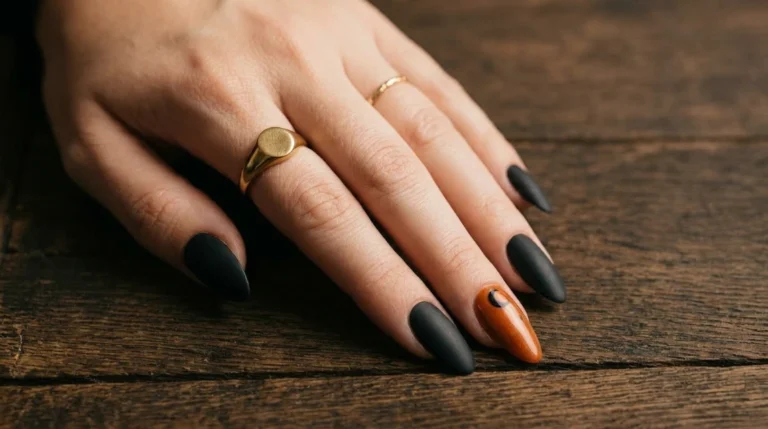 Black and orange Halloween nails styled with pumpkins and fall leaves