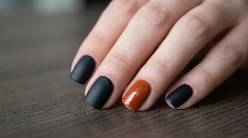 Glossy burnt-orange polish applied to a single accent nail