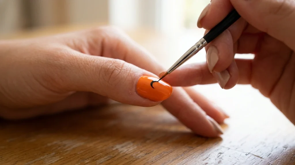 Black crescent detail being painted on an orange Halloween accent nail