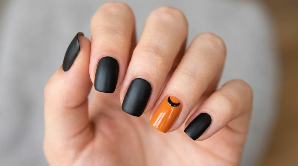 Finished black and orange Halloween nails with matte and glossy finish