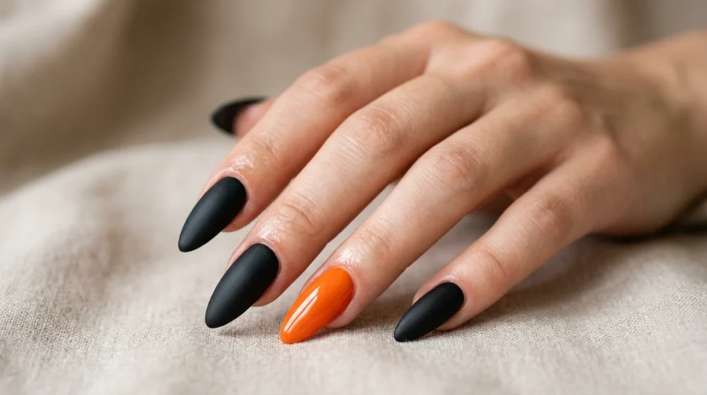 Black and orange Halloween nails shown on long almond shape