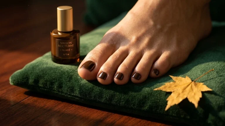 fall toe nail colors on a styled pedicure with autumn leaves.
