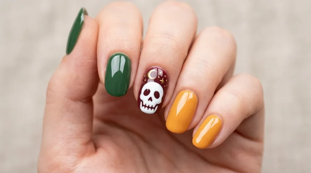 Step 8: two coats of glossy top coat finish the Halloween character nails set.