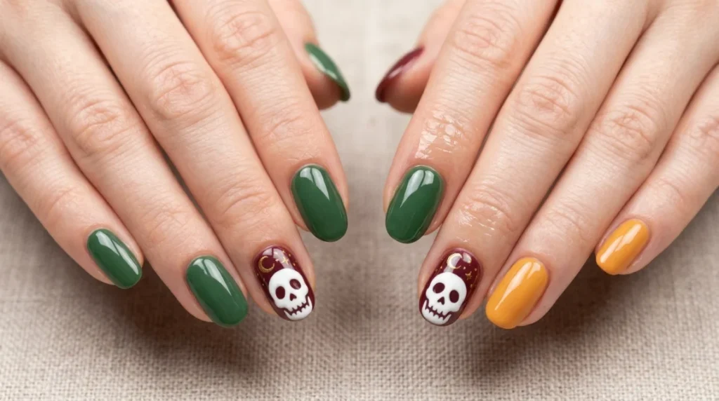 Regular polish versus gel, side by side, on the same Halloween character nails design.