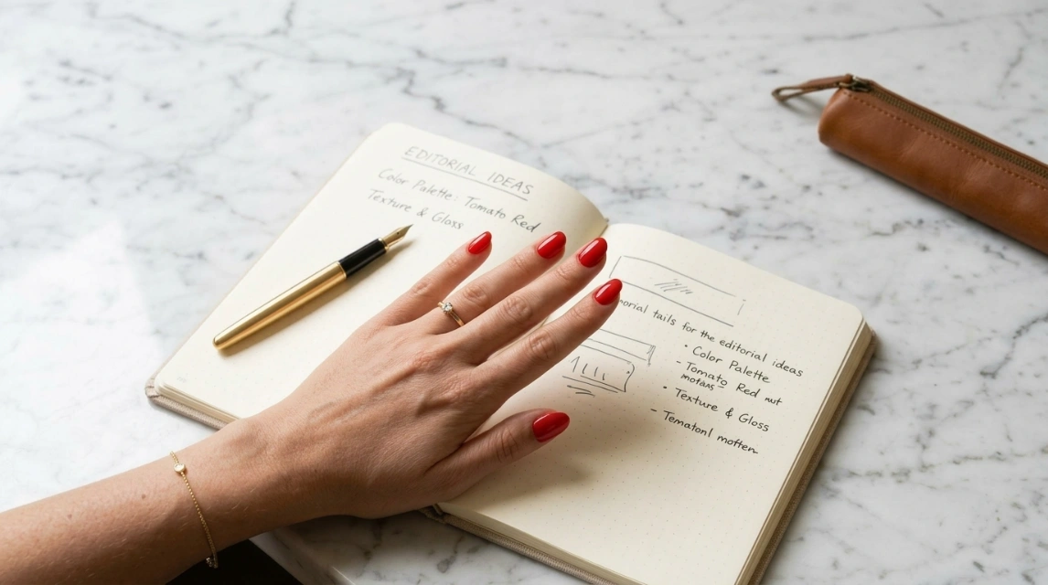 Tomato red nails with a glazed finish styled on a college desk