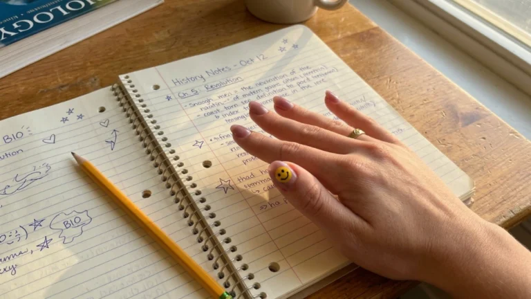 sheer smiley face nails - feature image on sunlit school desk