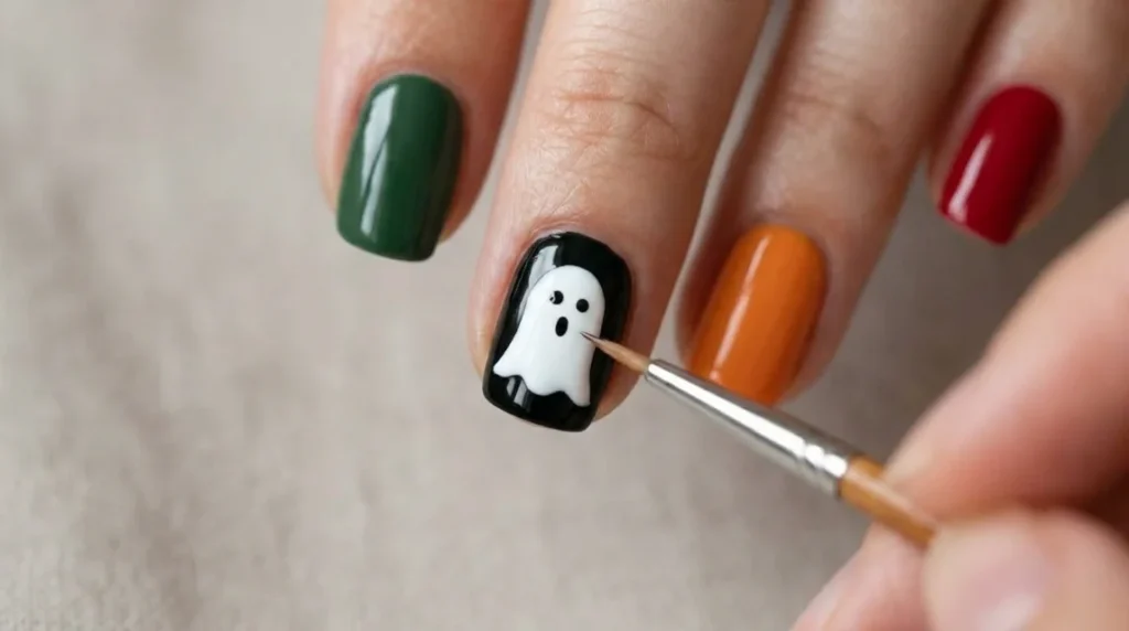Step 2: the ghost nail, the easiest character in this Halloween character nails set.