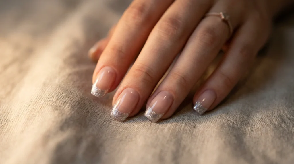 A clear or nude base with fine glitter concentrated only at the flat tip