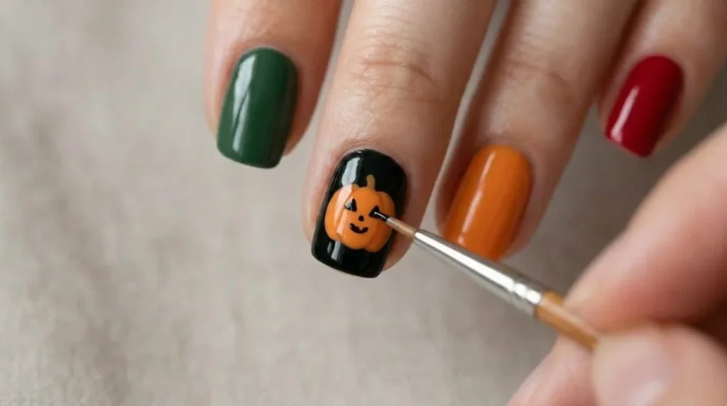 Step 3: a small, editorial-scale pumpkin for the Halloween character nails set.