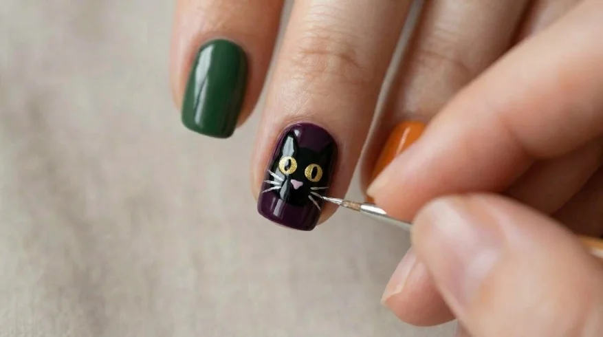 Step 4: the black cat face, gold eyes against a dark base for contrast.