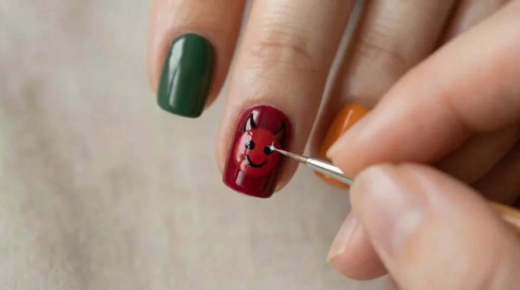 Step 5: the little devil, a red oval, two horns, and one mischievous smile.