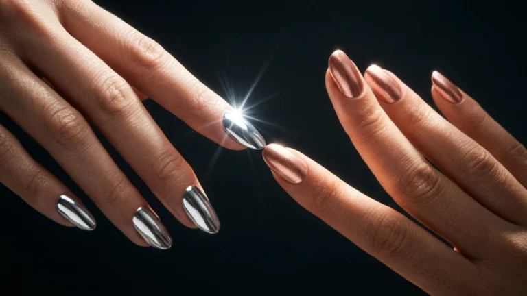chrome vs metallic nails - dramatic split mirror versus shimmer feature image