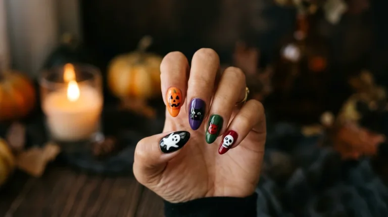 Finished easy Halloween character nails with ghost pumpkin cat devil and skull designs