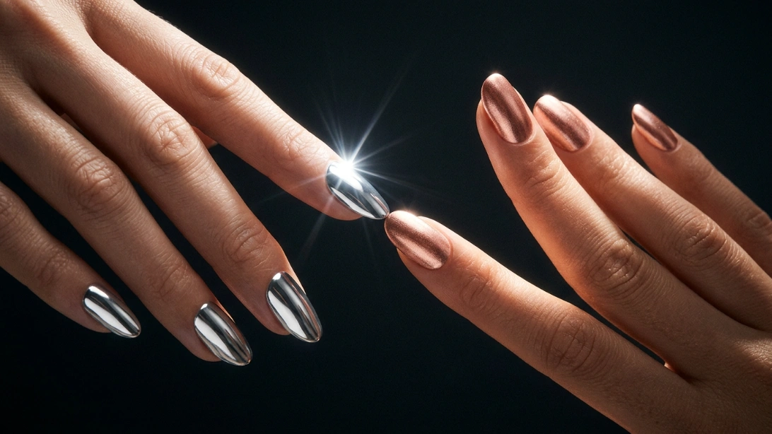 chrome vs metallic nails - dramatic split mirror versus shimmer feature image
