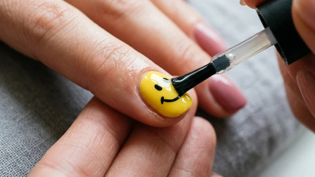 sheer smiley face nails - sealing with glossy top coat