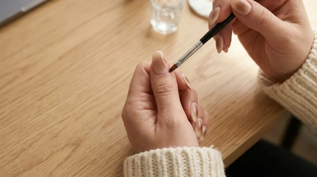 After applying the Milky coffee aura nails for fall clean the edges for brighter looks.