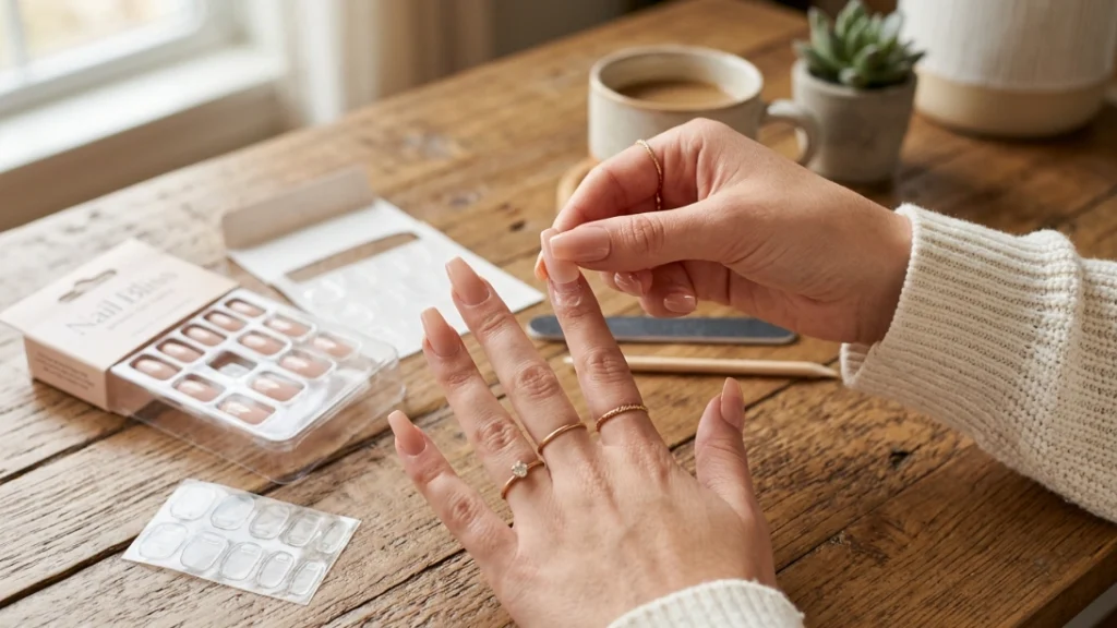 press on nails vs acrylics - press-on application at home