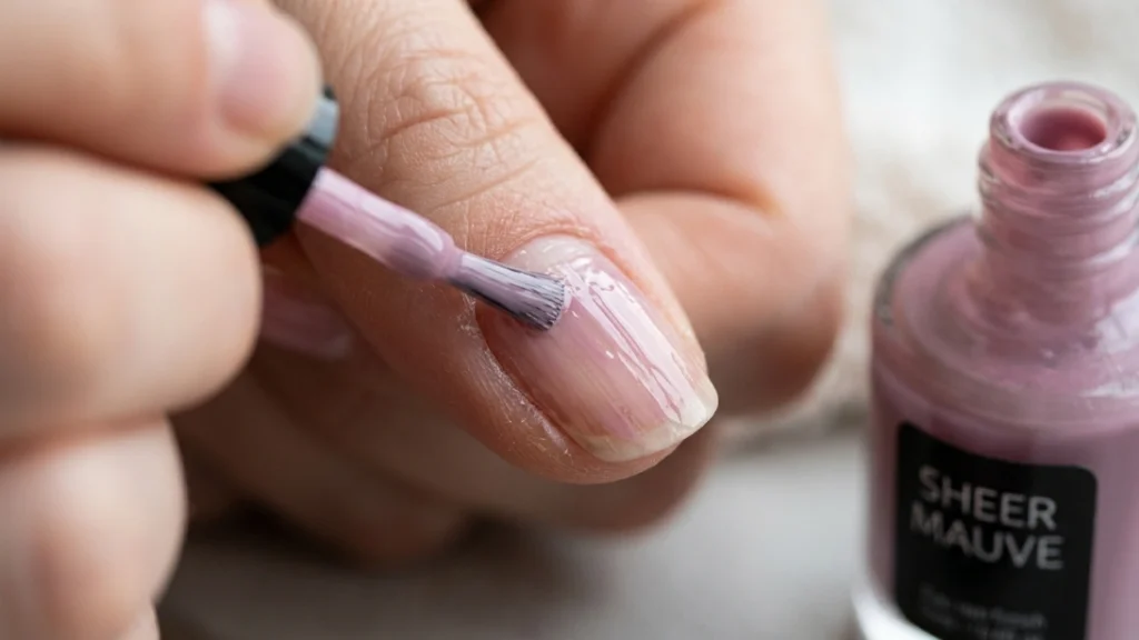 sheer smiley face nails - first sheer mauve polish coat