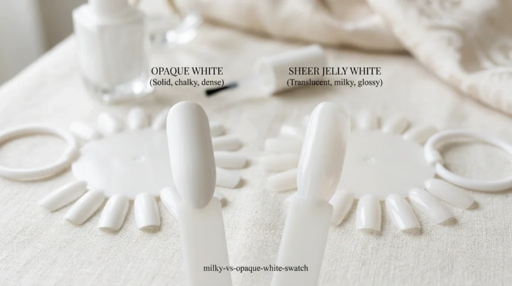 sheer milky white versus opaque white polish swatch.