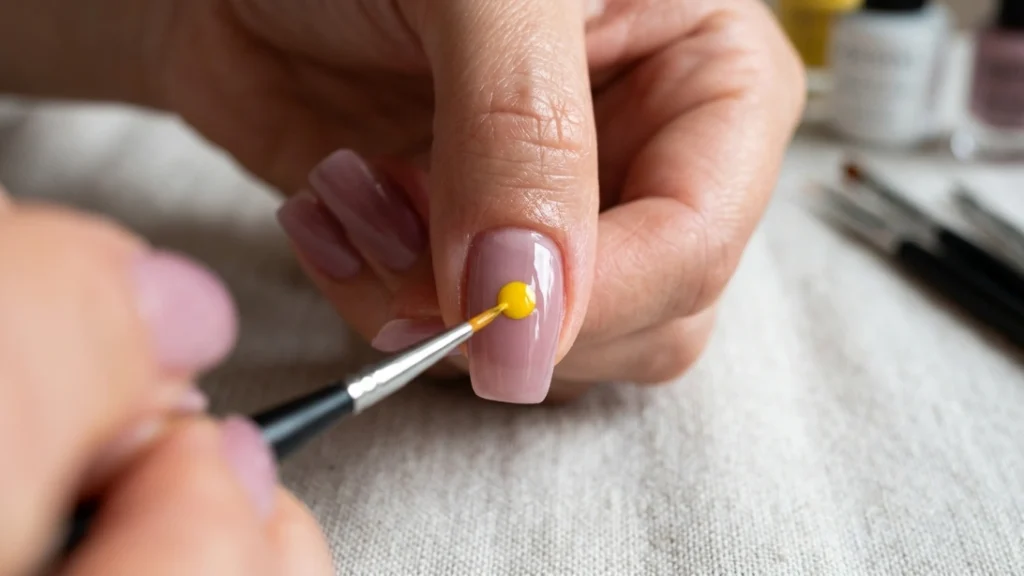 sheer smiley face nails - painting the yellow smiley face base