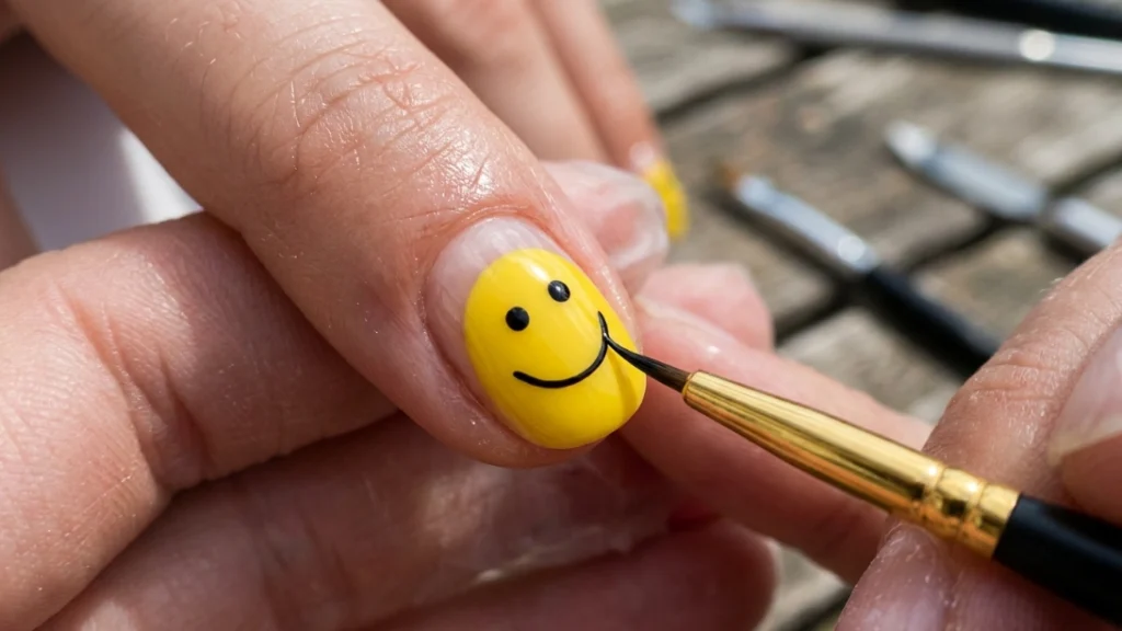 sheer smiley face nails - painting the smiley face mouth