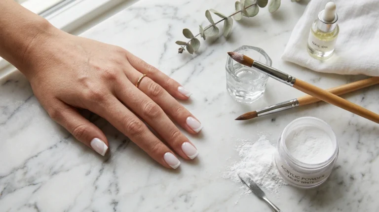 Milky white acrylic french tips for beginners on medium coffin nails
