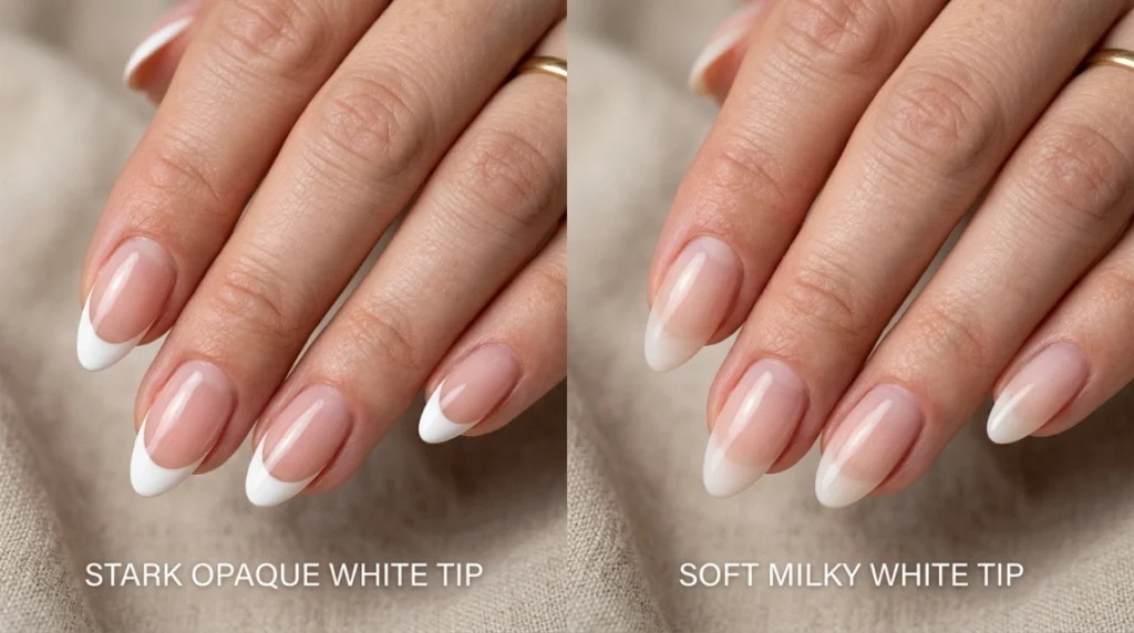 Milky white tip versus opaque white tip comparison on acrylic nails