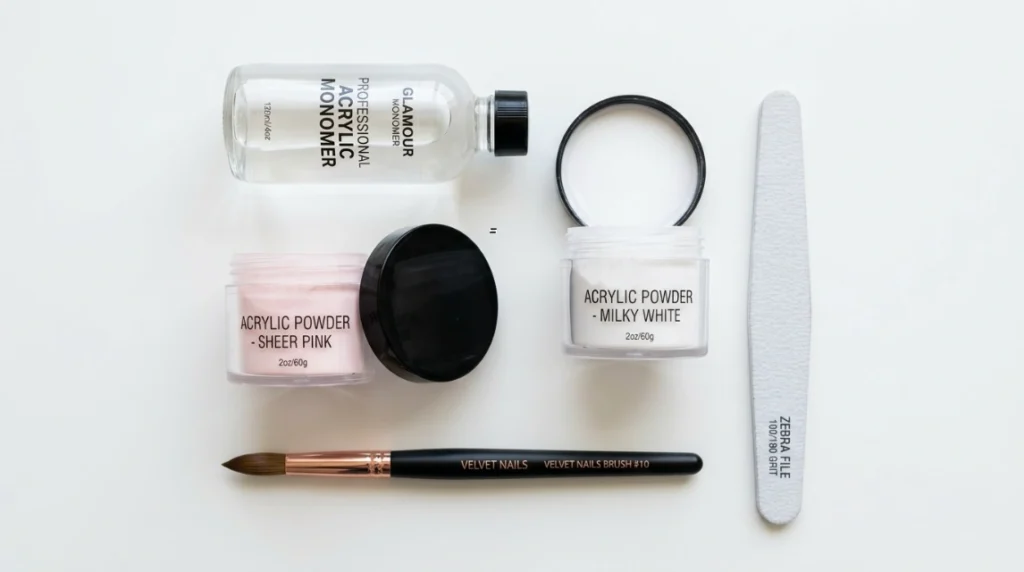 Supplies needed for a DIY milky white acrylic french tip set