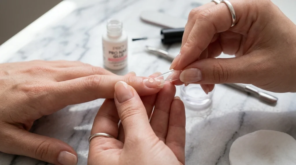 Applying an acrylic nail tip before building a milky french tip
