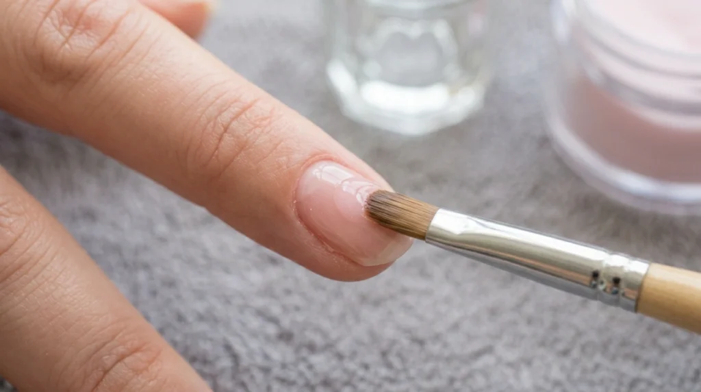 Applying the sheer acrylic base layer before the white tip