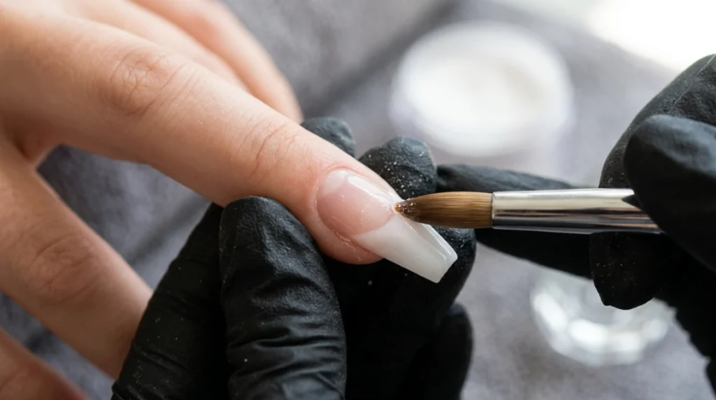Blending the milky white smile line on an acrylic french tip