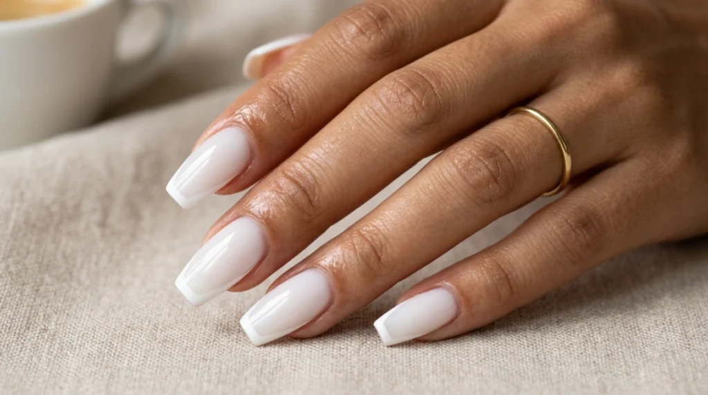Finished glossy milky white acrylic french tips on coffin nails