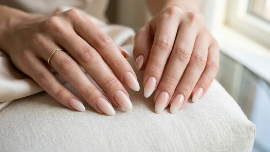 milky nails vs babyboomer almond shape pairing