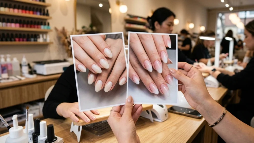 milky nails vs babyboomer salon reference photos