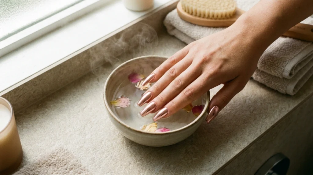 sizing rose gold chrome press-on nail before application.
