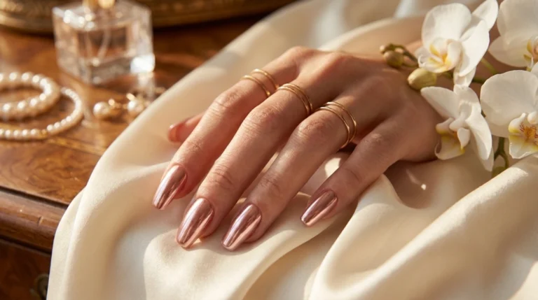 rose gold chrome press-on nails medium coffin shape.