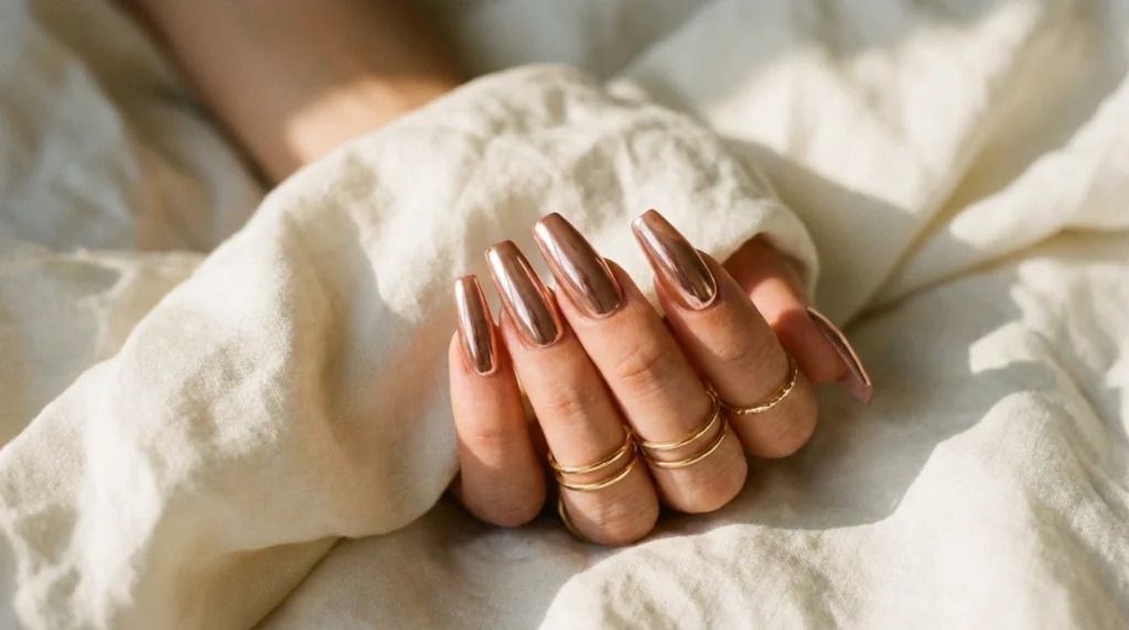 rose gold chrome press-on nails mirror shine close up.