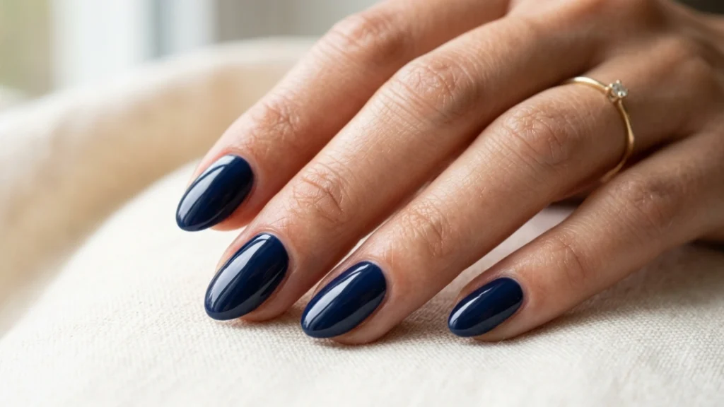 glossy navy nails short almond shape for back to school