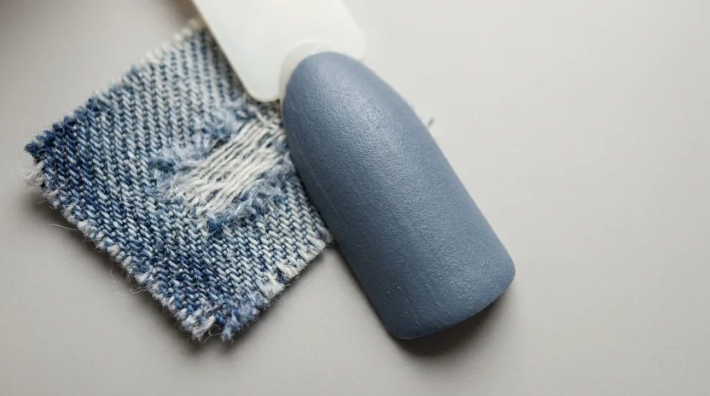 Swatch comparison of denim blue nails next to a washed denim fabric swatch