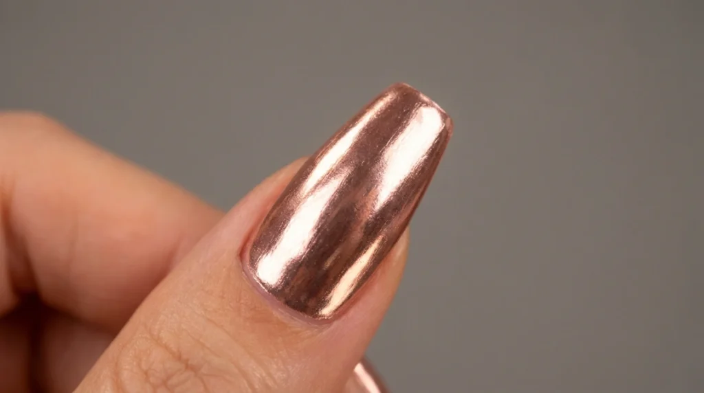 sizing rose gold chrome press-on nail before application.