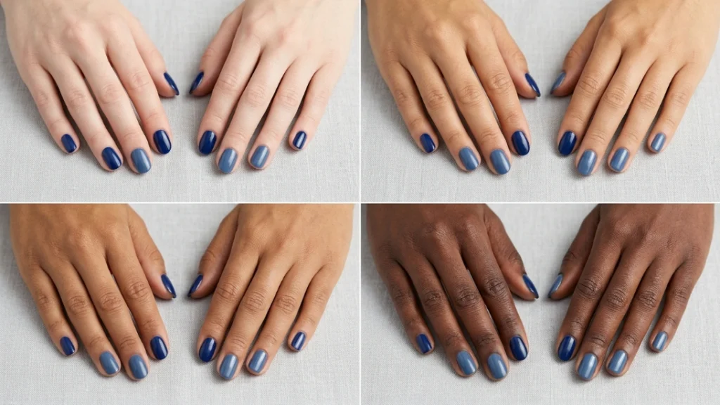 navy and denim blue nails on different skin tones