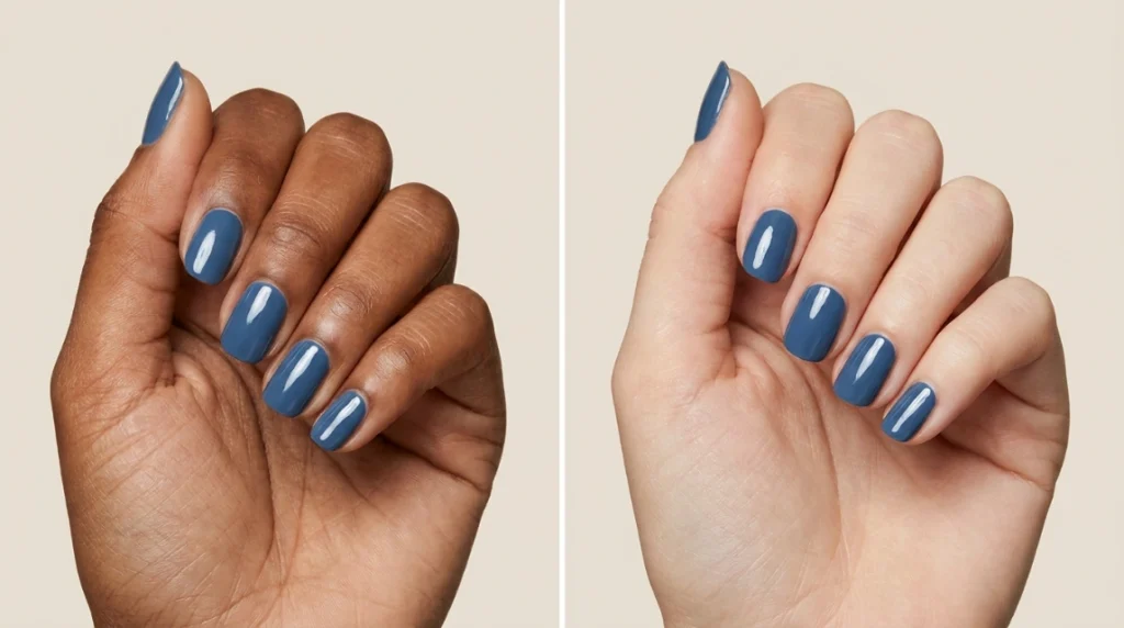 Denim blue nails shown on two different skin tones side by side